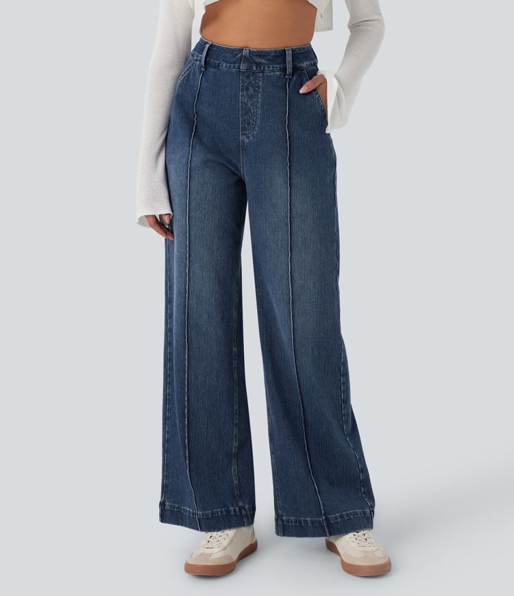 Halara Flex™ High Waisted Washed Casual Wide Leg Jeans with Pockets