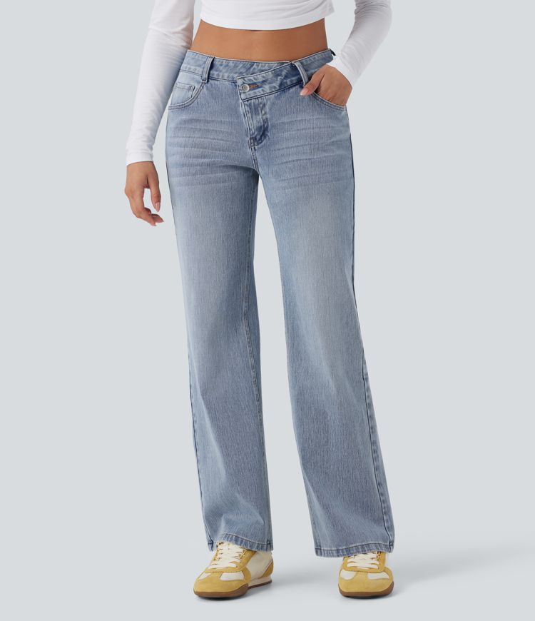 Halara Flex™ Asymmetric Low Rise Straight Leg Casual Jeans with Pockets