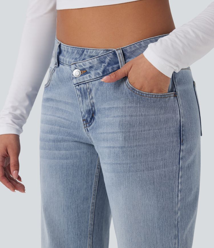 Halara Flex™ Asymmetric Low Rise Straight Leg Casual Jeans with Pockets