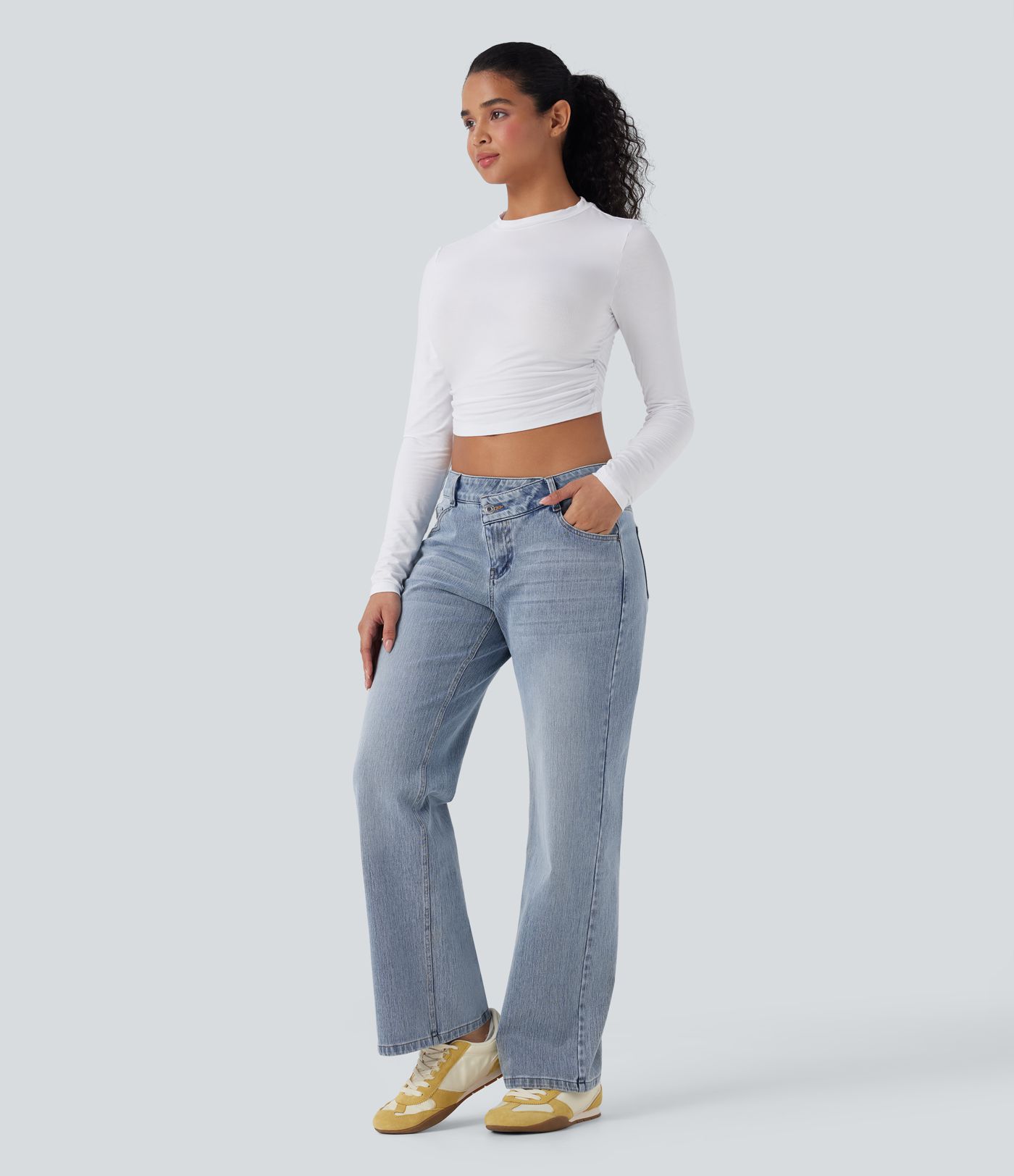 Halara Flex™ Asymmetric Low Rise Straight Leg Casual Jeans with Pockets