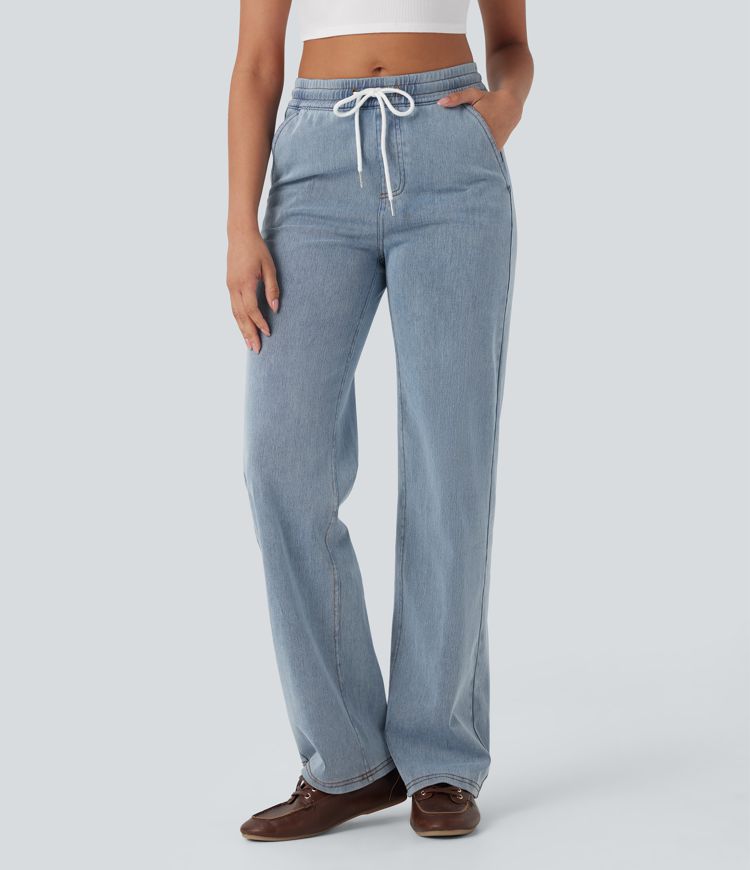 Halara Flex™ Mid Rise Drawstring Straight Leg Casual Jeans with Pockets