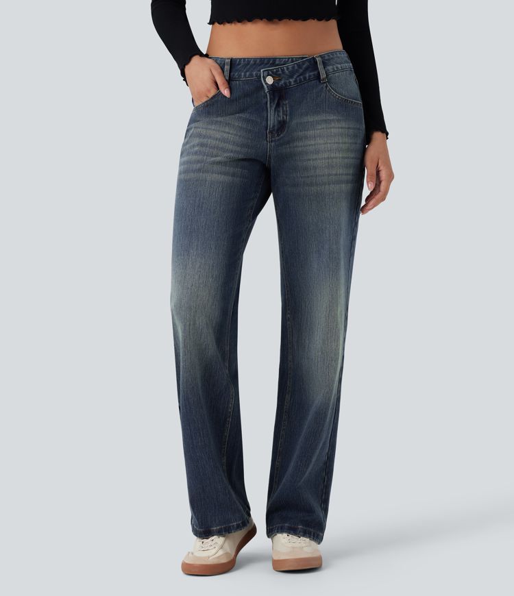 Halara Flex™ Asymmetric Low Rise Straight Leg Casual Jeans with Pockets