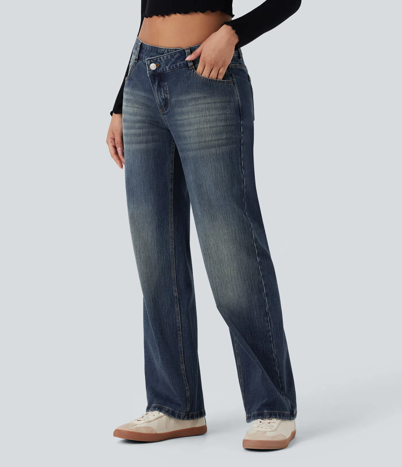 Halara Flex™ Asymmetric Low Rise Straight Leg Casual Jeans with Pockets