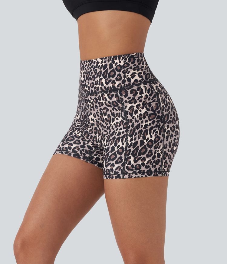 Shorts de yoga biker de 7.5 cm con estampado de leopardo y tiro alto con bolsillos