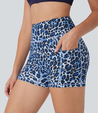 High Waisted Leopard Print Yoga Biker Shorts 3'' with Pockets
