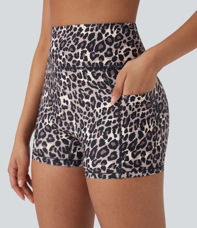 Shorts de yoga biker de 7.5 cm con estampado de leopardo y tiro alto con bolsillos
