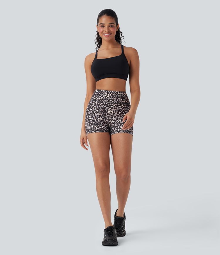 Shorts de yoga biker de 7.5 cm con estampado de leopardo y tiro alto con bolsillos