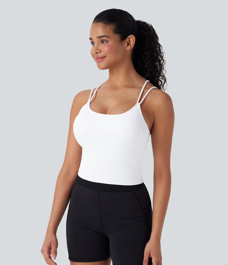 Top corto de running Seamless Flow sin costuras con tirantes dobles y espalda en V en copas D-F