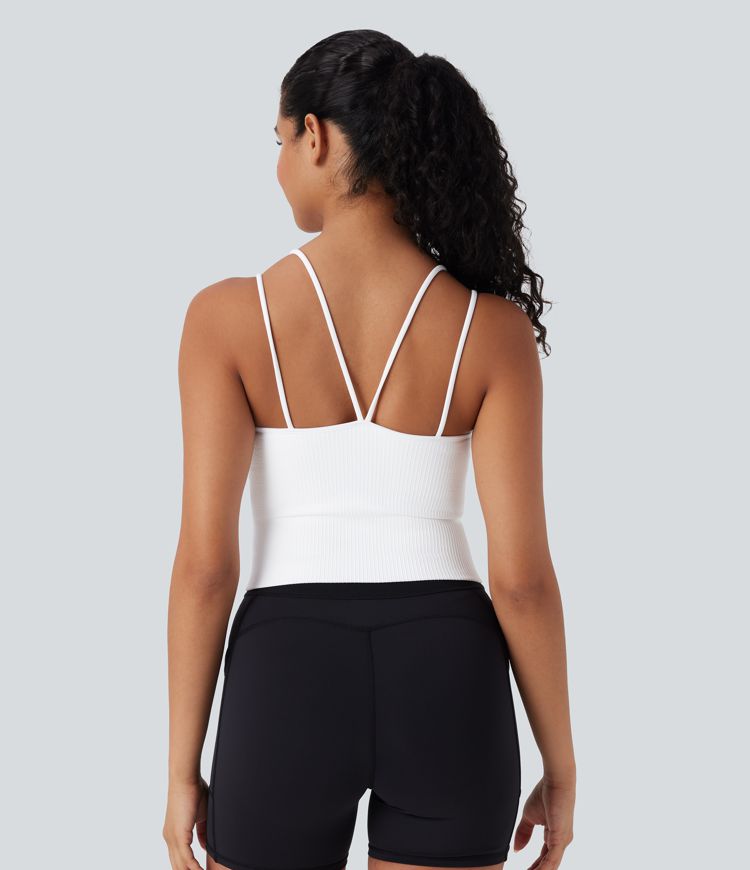 Top corto de running Seamless Flow sin costuras con tirantes dobles y espalda en V en copas D-F