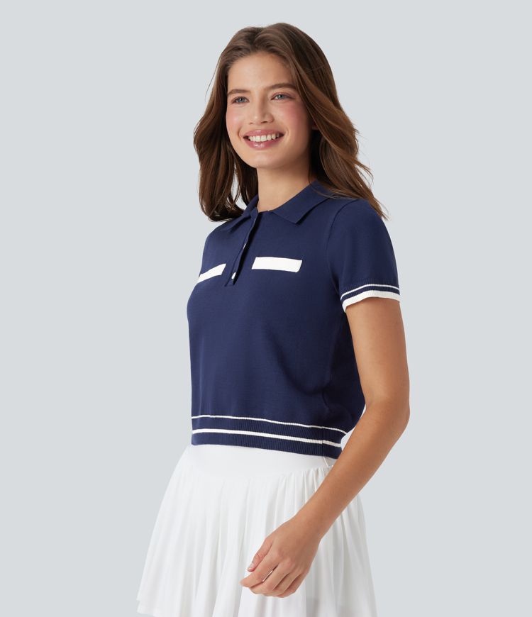 Polo Button Front Short Sleeve Casual Sweater Knit Top