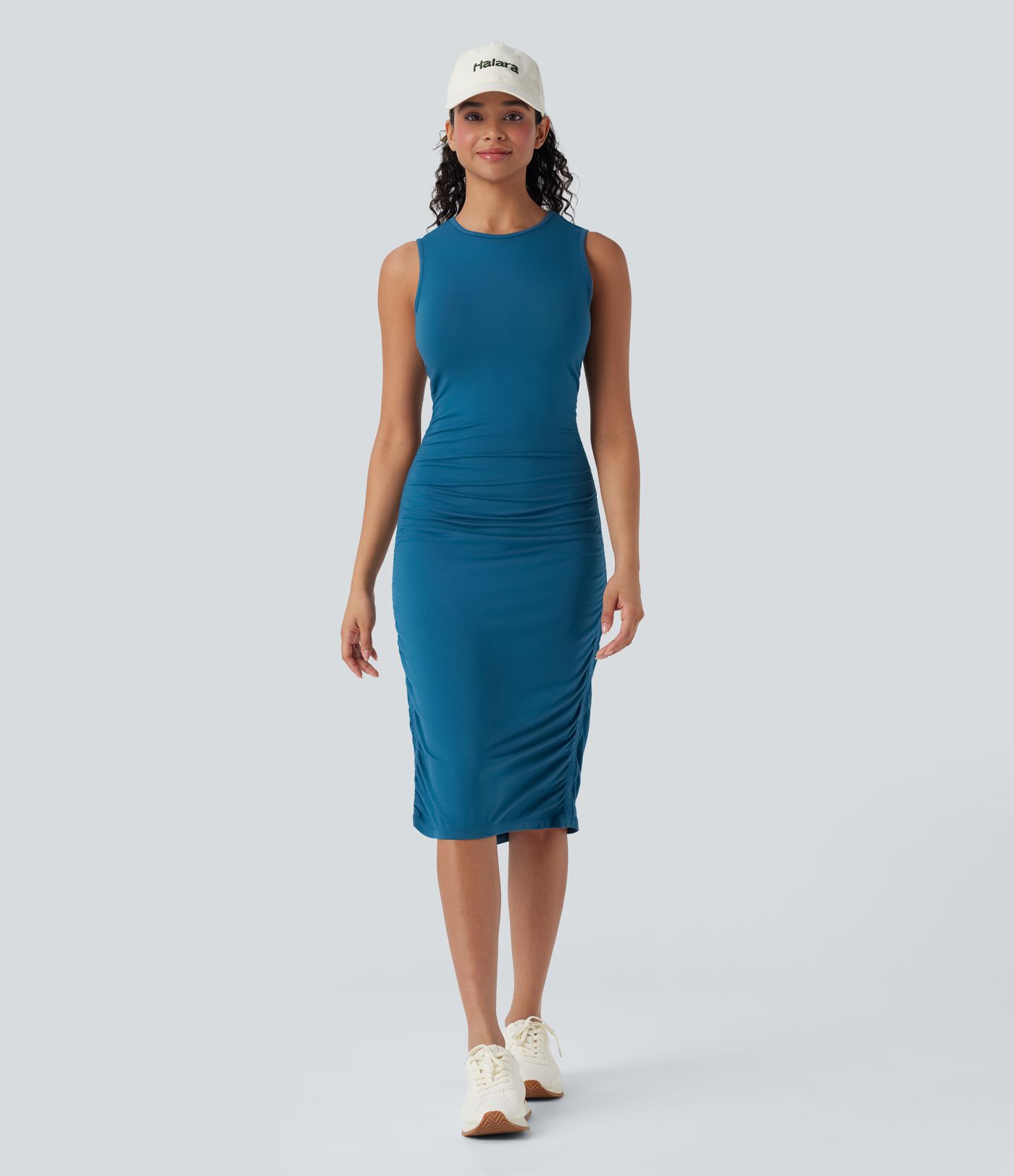 Vestido ajustado casual fruncido sin mangas con cuello redondo