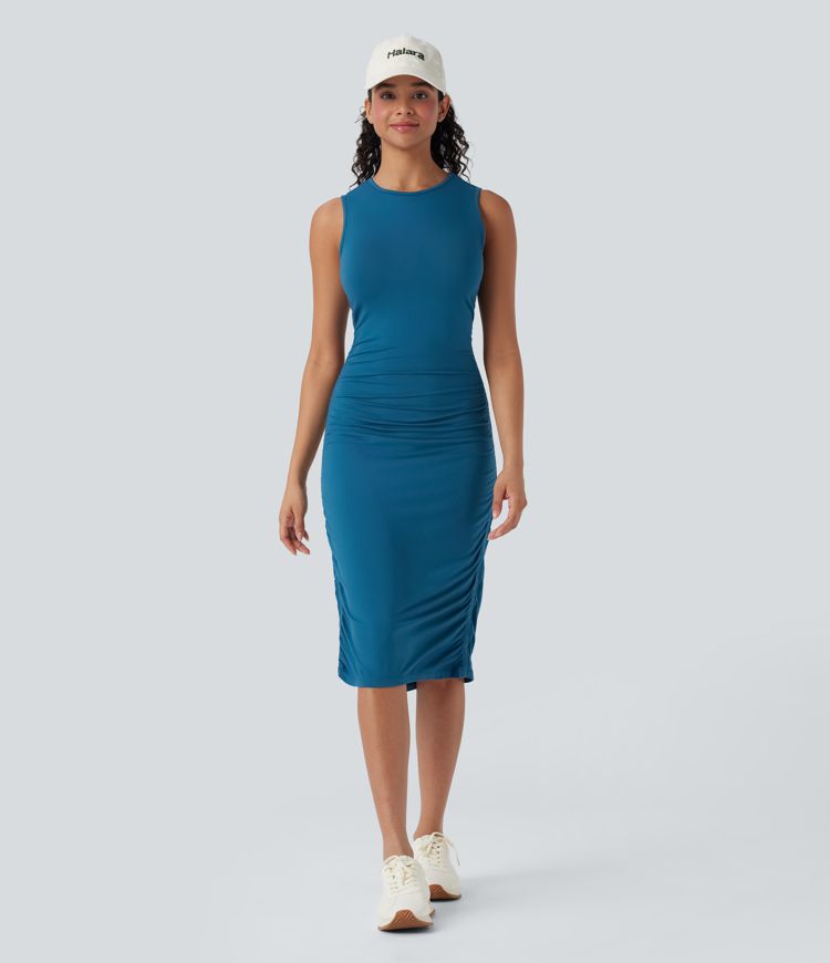 Round Neck Sleeveless Ruched Casual Bodycon Dress