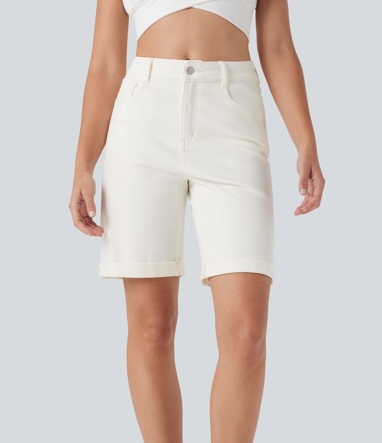Halara Flex™ High Waisted Pockets Rolled Hem Washed Denim Casual Bermuda Shorts
