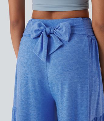 High Waisted Shirred Tie Front & Back Wide Leg Flowy Dance Pants