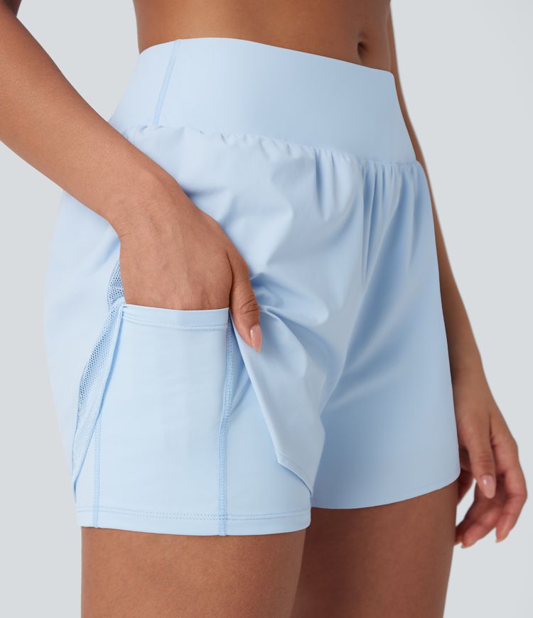 Shorts de yoga 2 en 1 de tiro medio con malla en contraste y bolsillos