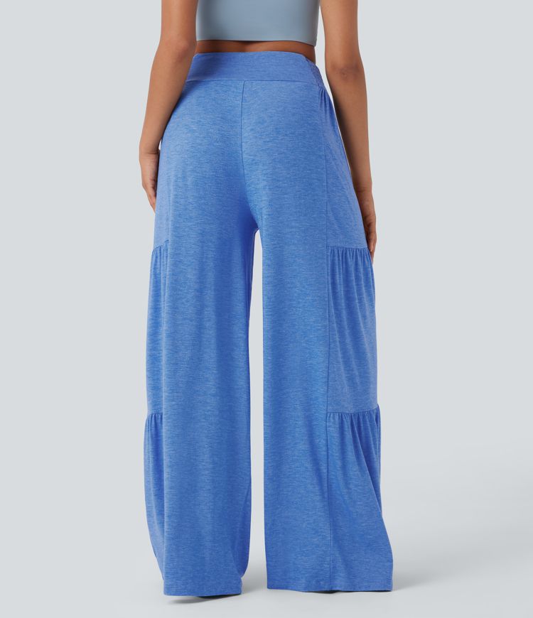 High Waisted Shirred Tie Front & Back Wide Leg Flowy Dance Pants