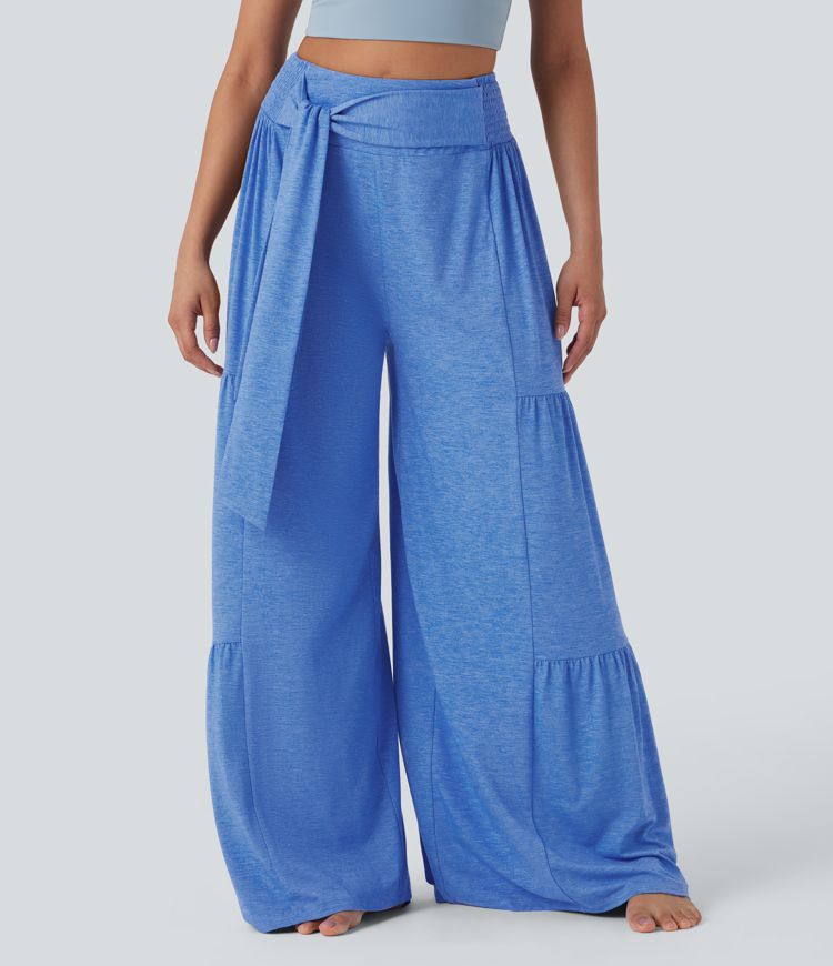 High Waisted Shirred Tie Front & Back Wide Leg Flowy Dance Pants