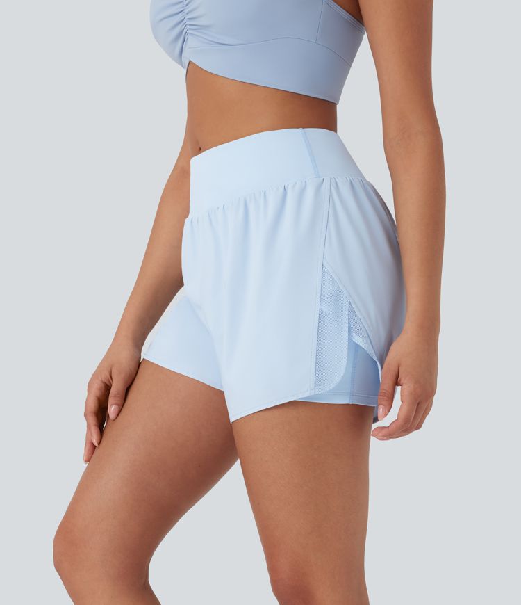 Clear Water Blue Mid Rise Contrast Mesh 2-in-1 Yoga Dolphin Running Shorts with Pockets / 1