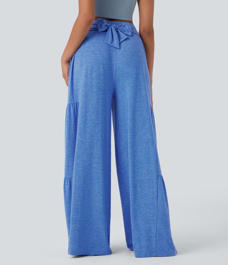 High Waisted Shirred Tie Front & Back Wide Leg Flowy Dance Pants