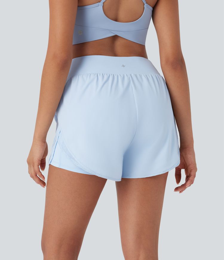 Mid Rise Contrast Mesh 2-in-1 Yoga Shorts with Pockets