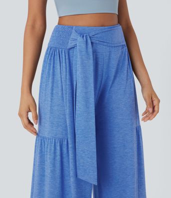 High Waisted Shirred Tie Front & Back Wide Leg Flowy Dance Pants