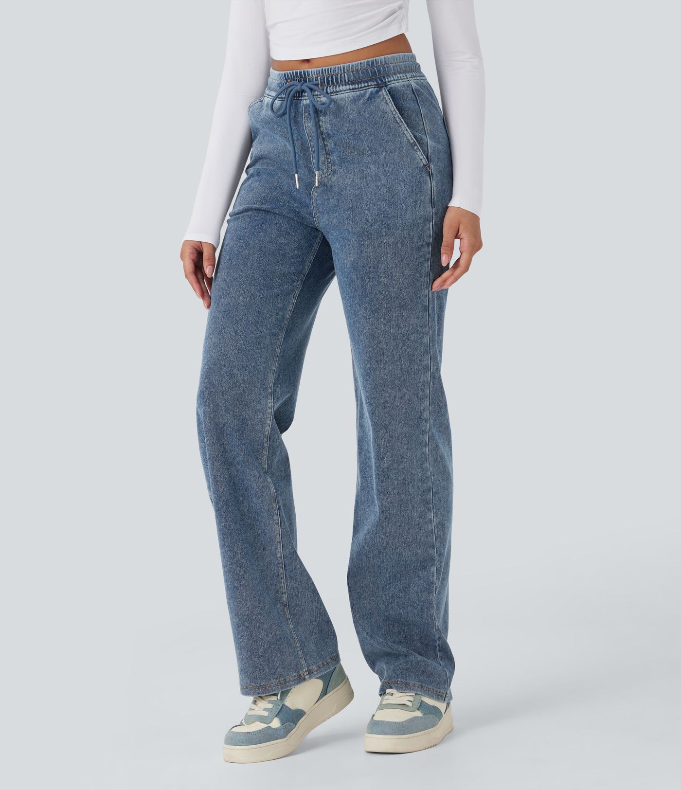 Jeans casuales Halara Flex™ rectos de tiro medio con cordón y bolsillos