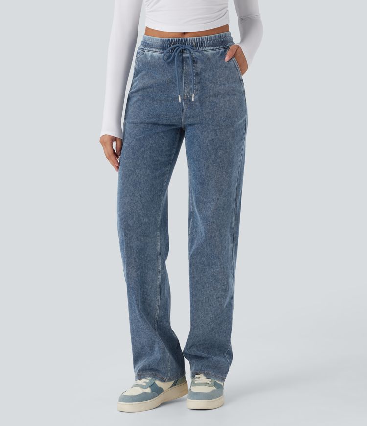 Halara Flex™ Mid Rise Drawstring Straight Leg Casual Jeans with Pockets