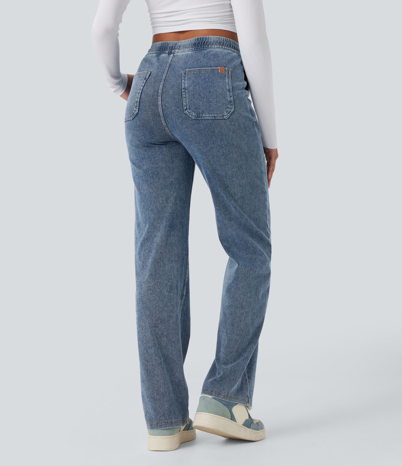 Jeans casuales Halara Flex™ rectos de tiro medio con cordón y bolsillos
