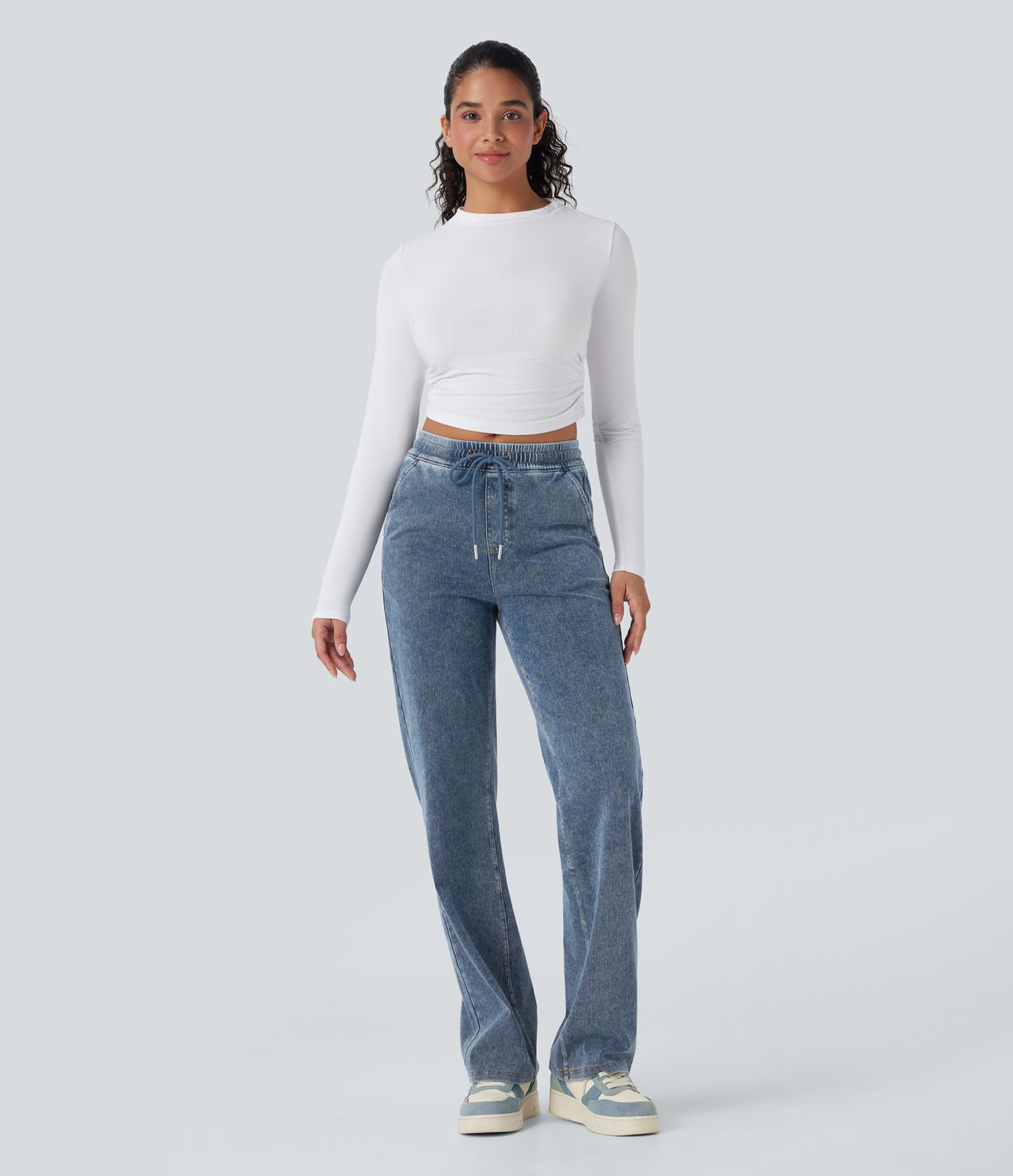 Jeans casuales Halara Flex™ rectos de tiro medio con cordón y bolsillos