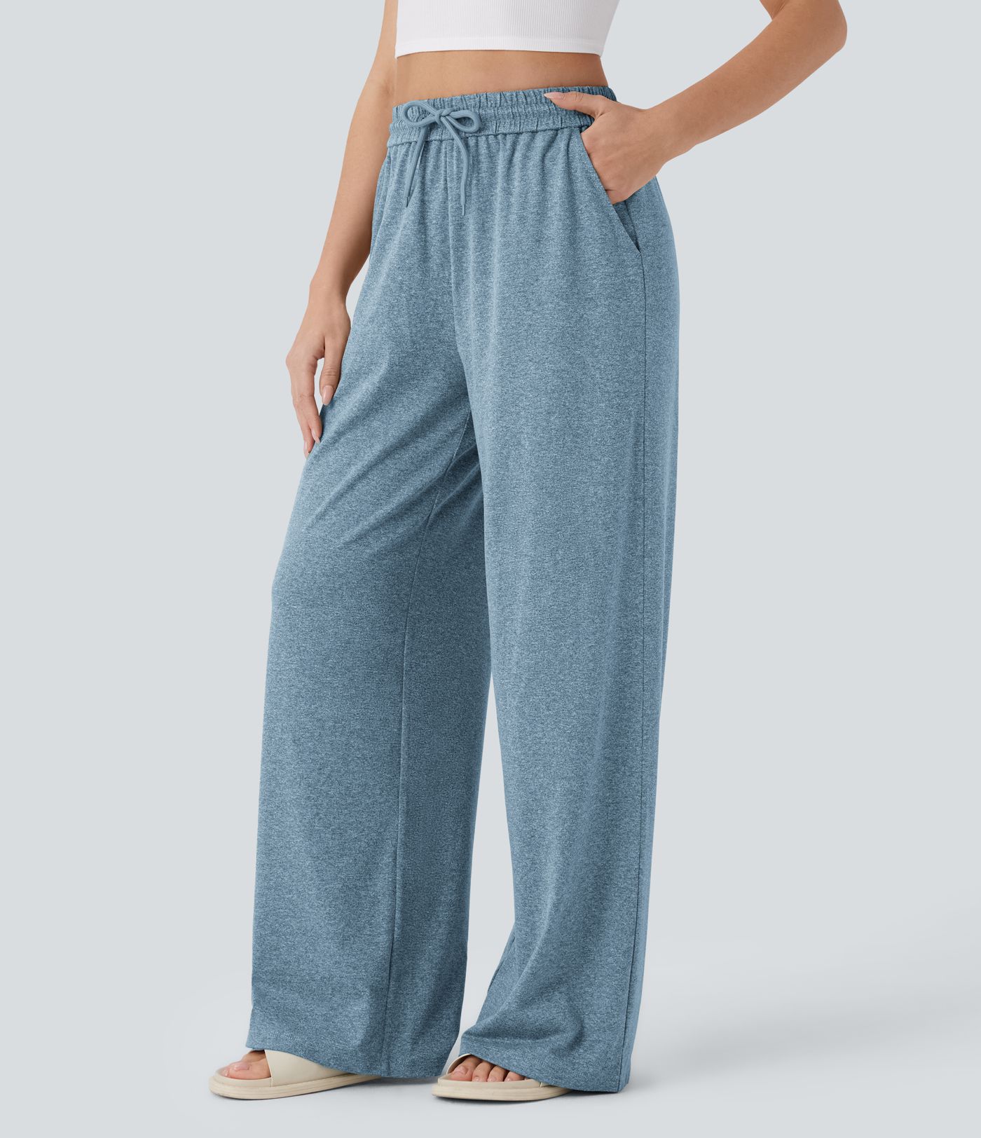 High Waisted Drawstring Pocket Wide Leg Casual Pants