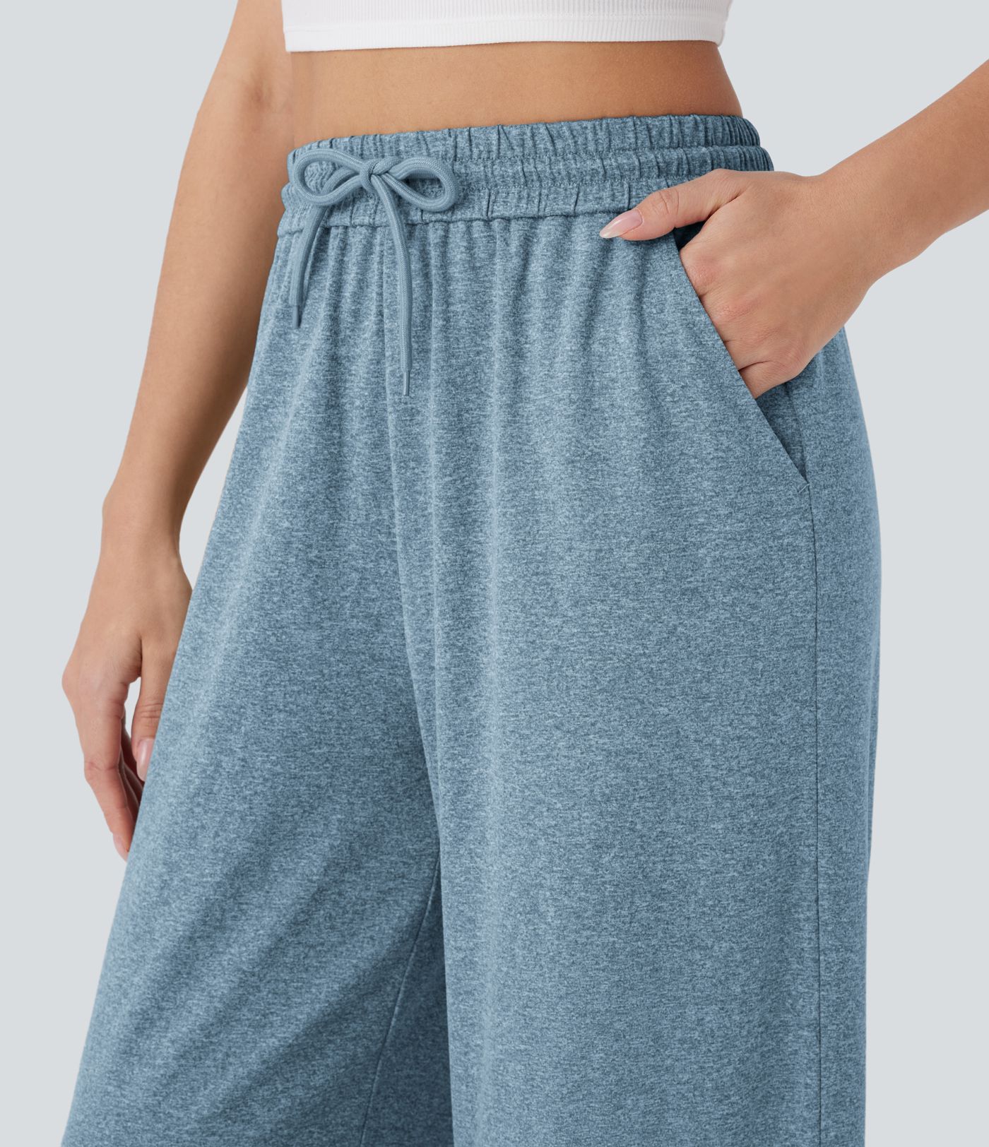 High Waisted Drawstring Pocket Wide Leg Casual Pants