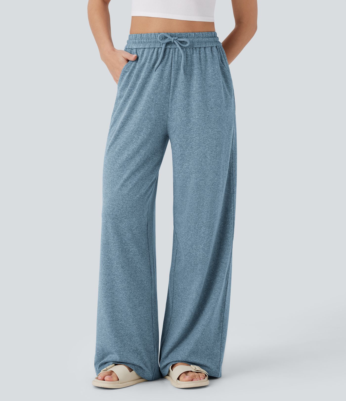 High Waisted Drawstring Pocket Wide Leg Casual Pants