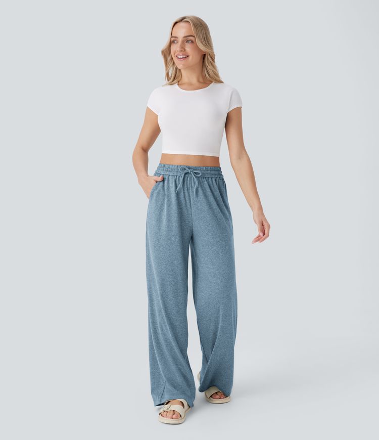 High Waisted Drawstring Pocket Wide Leg Casual Pants