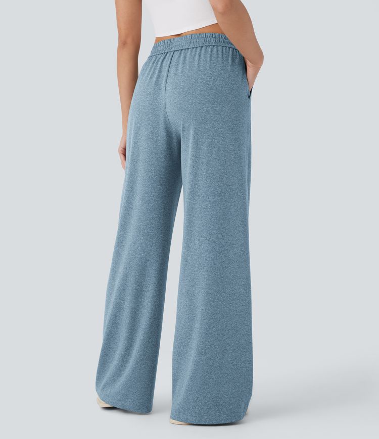 High Waisted Drawstring Pocket Wide Leg Casual Pants