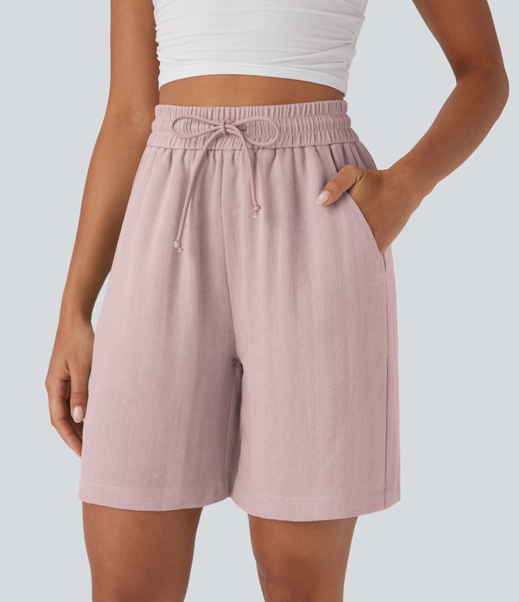 High Waisted Drawstring Casual Linen-Feel Shorts with Pockets