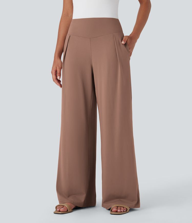 High Waisted Wide Leg Casual Pants with Side Pockets