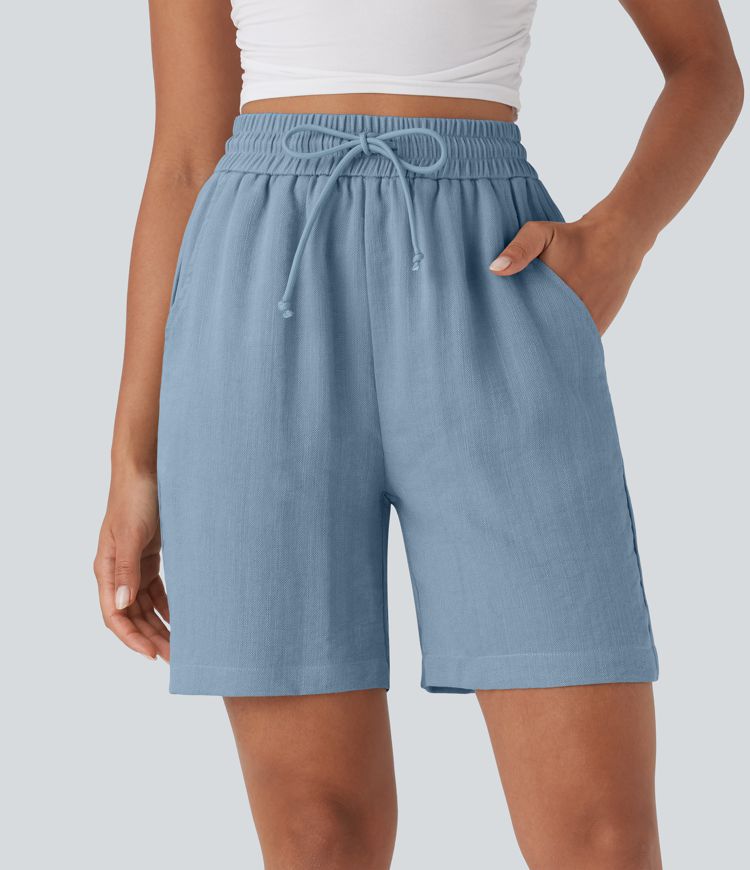 Women’s High Waisted Drawstring Casual Linen-Feel Shorts with Pockets - Halara 