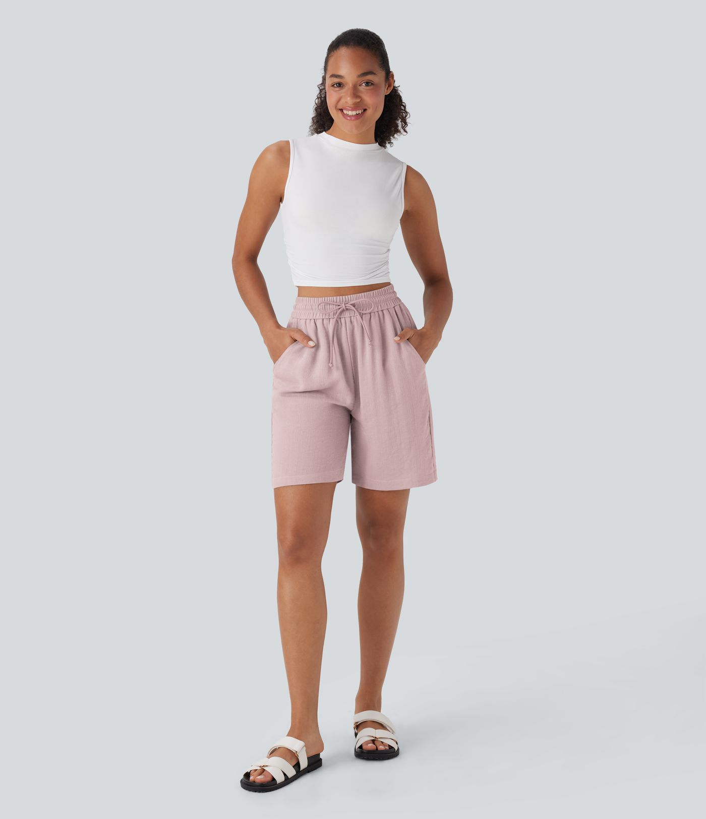 High Waisted Drawstring Casual Linen-Feel Shorts with Pockets