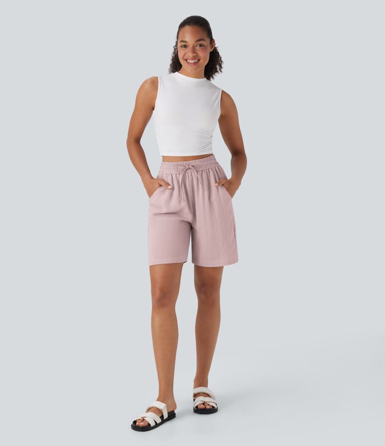 High Waisted Drawstring Casual Linen-Feel Shorts with Pockets