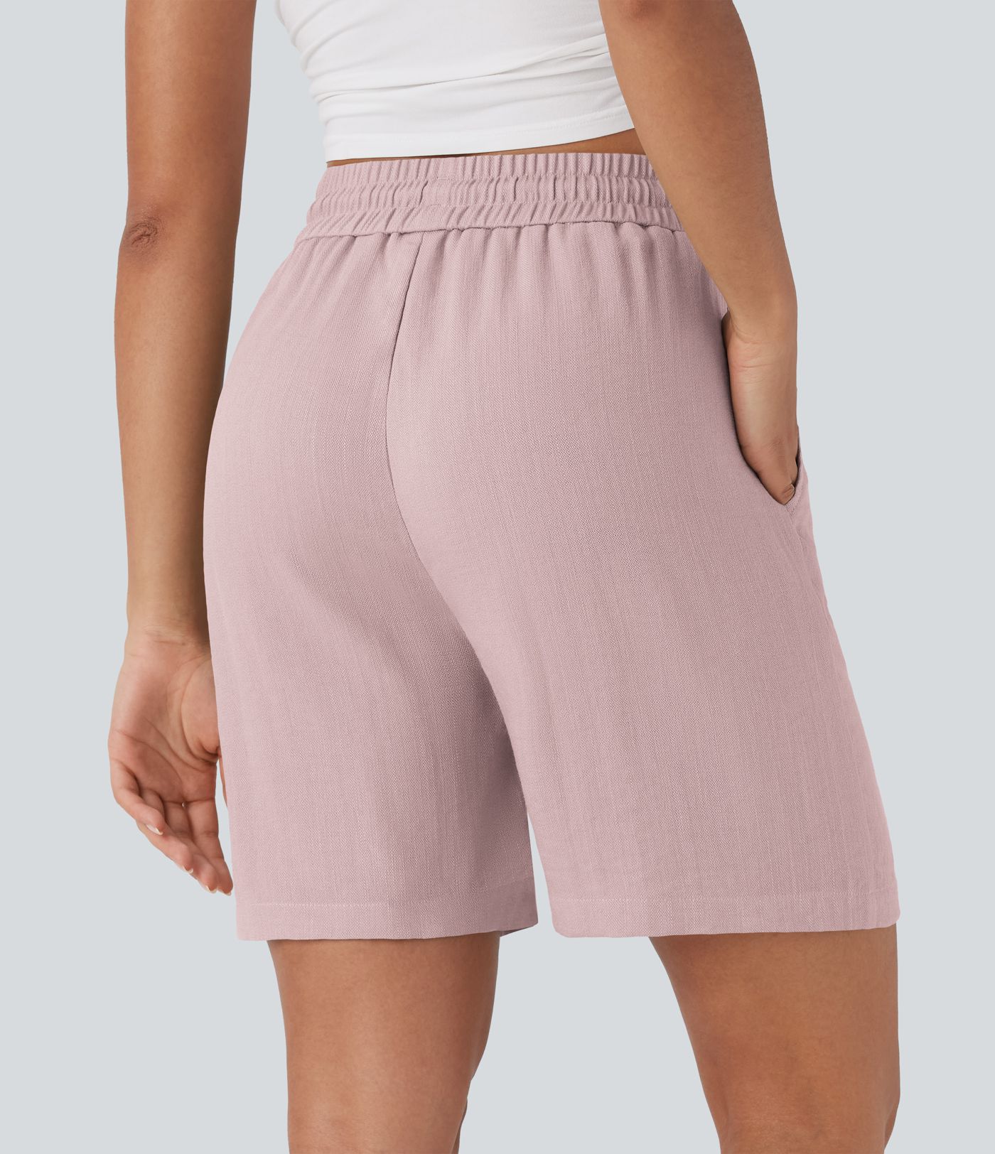 High Waisted Drawstring Casual Linen-Feel Shorts with Pockets