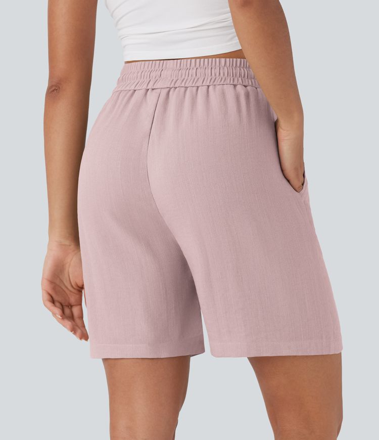 High Waisted Drawstring Casual Linen-Feel Shorts with Pockets