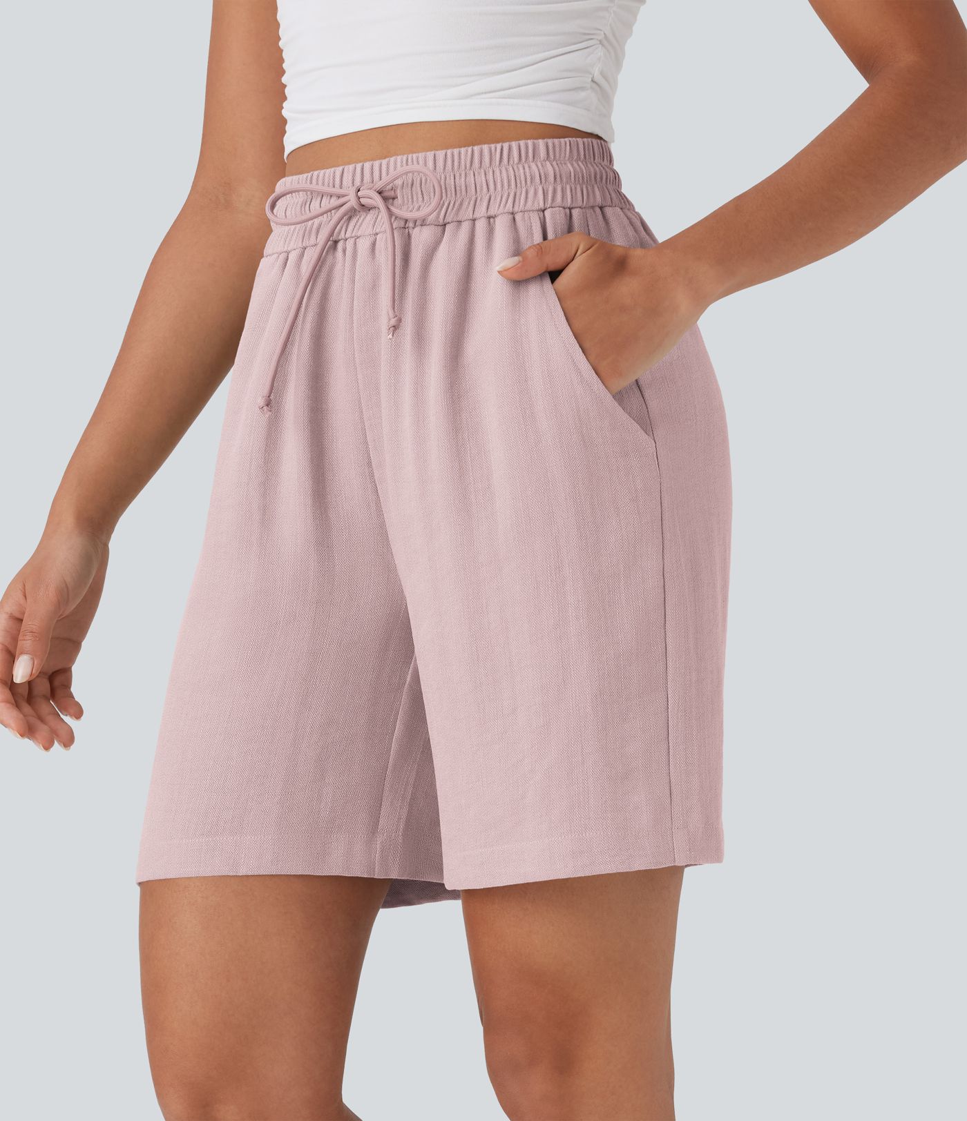 High Waisted Drawstring Casual Linen-Feel Shorts with Pockets