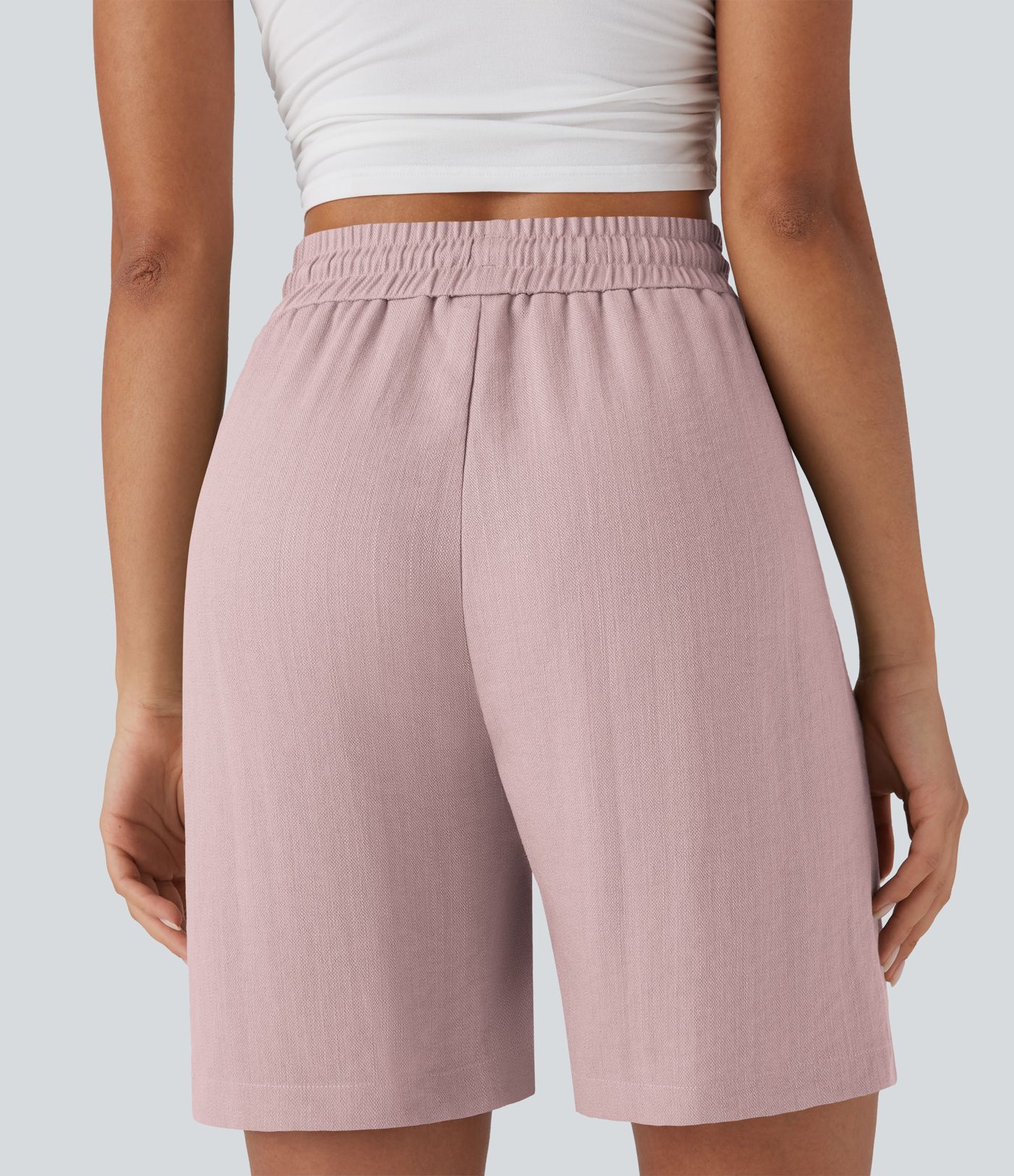 High Waisted Drawstring Casual Linen-Feel Shorts with Pockets