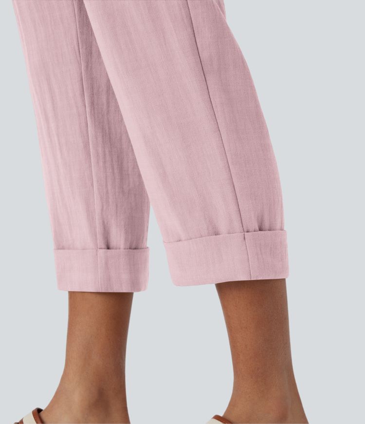 High Waisted Zipper Pocket Capri Linen-Feel Pants