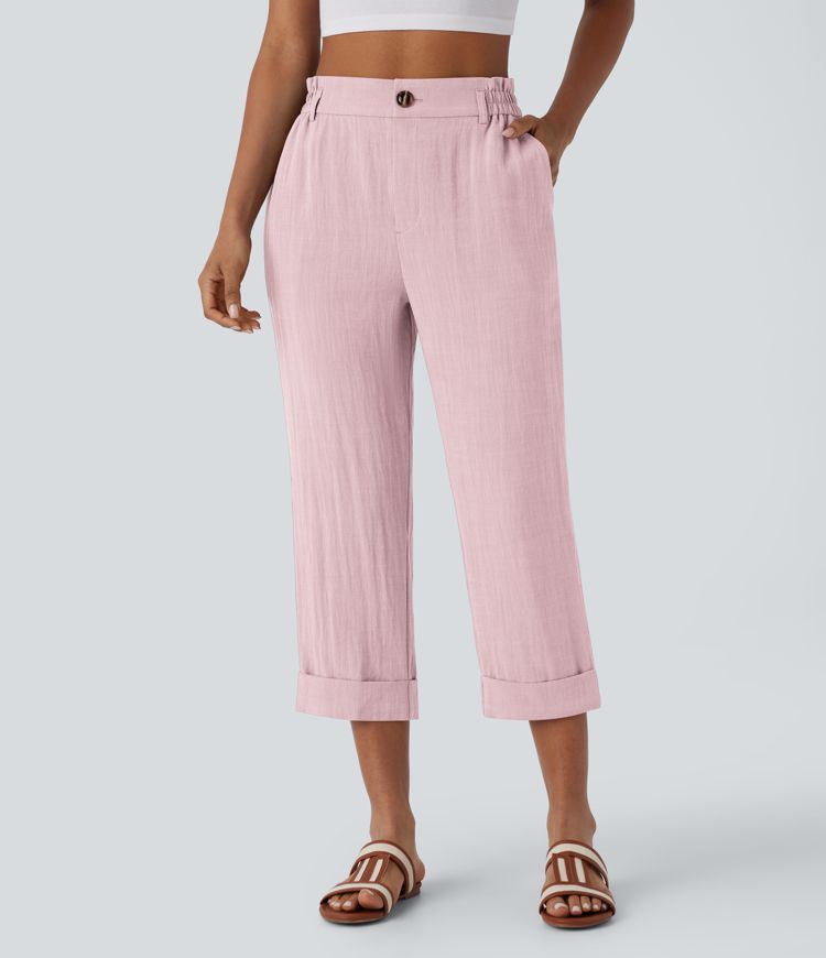 High Waisted Zipper Pocket Capri Linen-Feel Pants