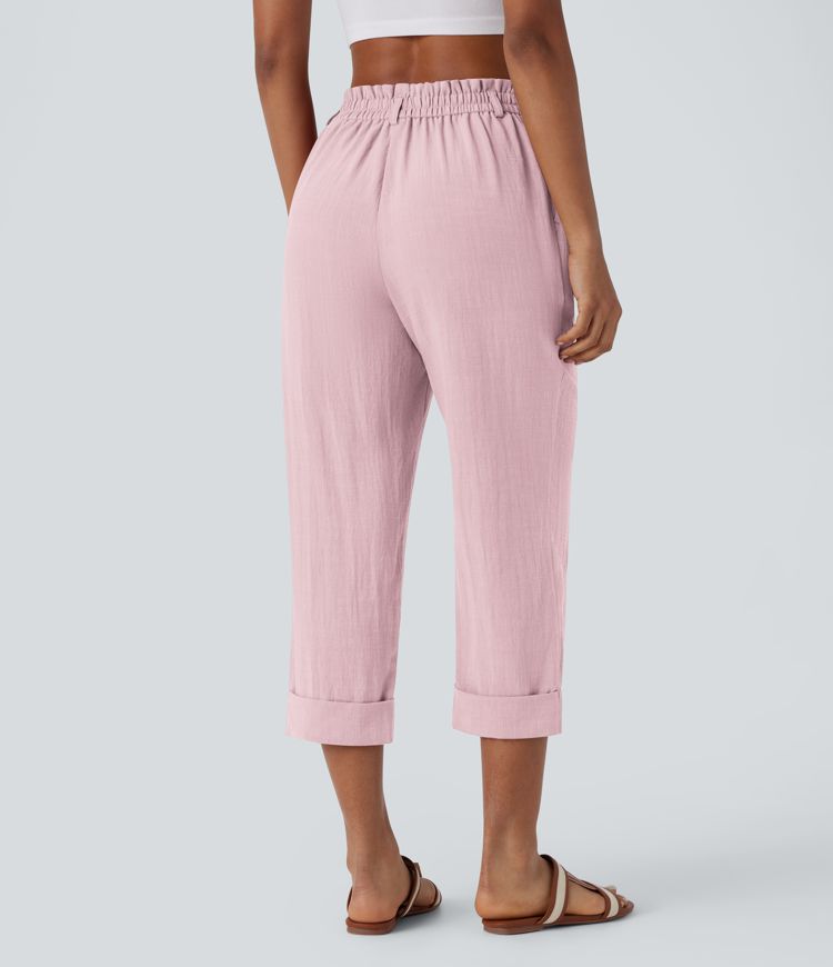 High Waisted Zipper Pocket Capri Linen-Feel Pants