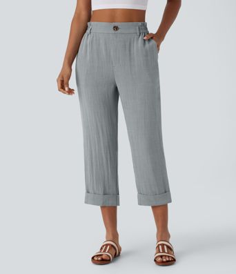 High Waisted Zipper Pocket Cropped Linen-Feel Pants