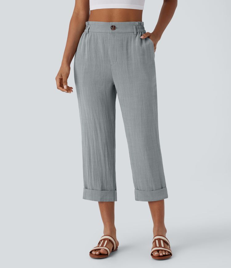 High Waisted Zipper Pocket Cropped Linen-Feel Pants