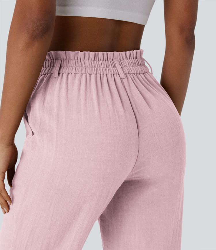 High Waisted Zipper Pocket Capri Linen-Feel Pants