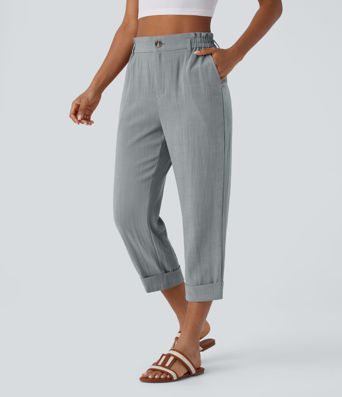 High Waisted Zipper Pocket Cropped Linen-Feel Pants